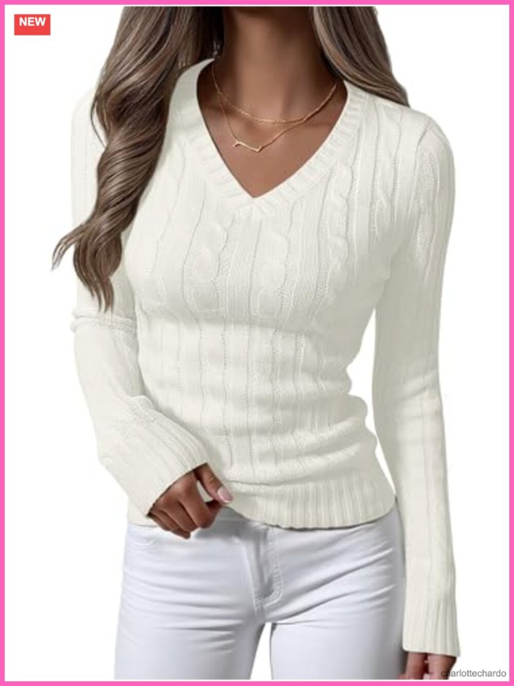 Women's Cable Knit V Neck Fitted Long Sleeve Pullover Sweater